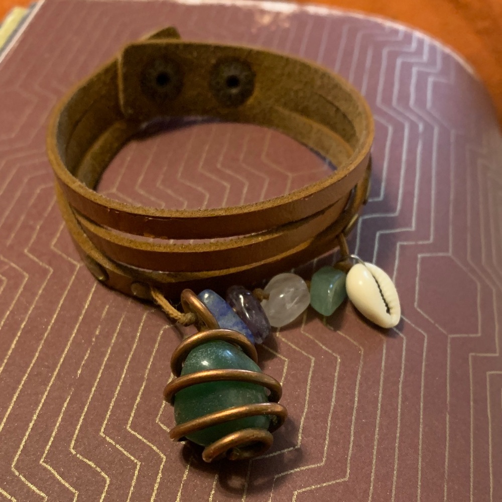 Faux brown Suede Leather cuff Bracelet with crystals and shell Beads